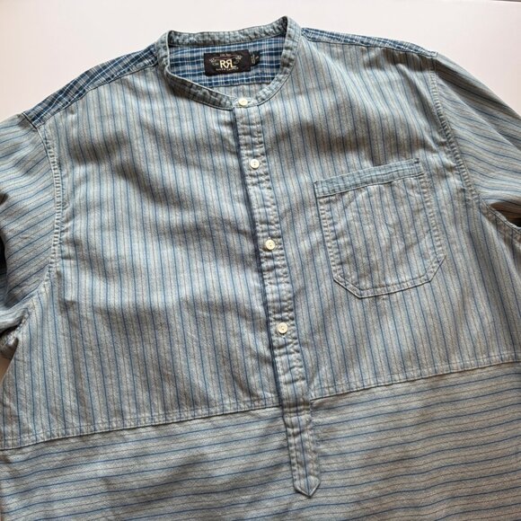 RRL Ralph Lauren Blue Stripe Patchwork Long Sleeve Button Men's Shirt sz XXL - Picture 4 of 6